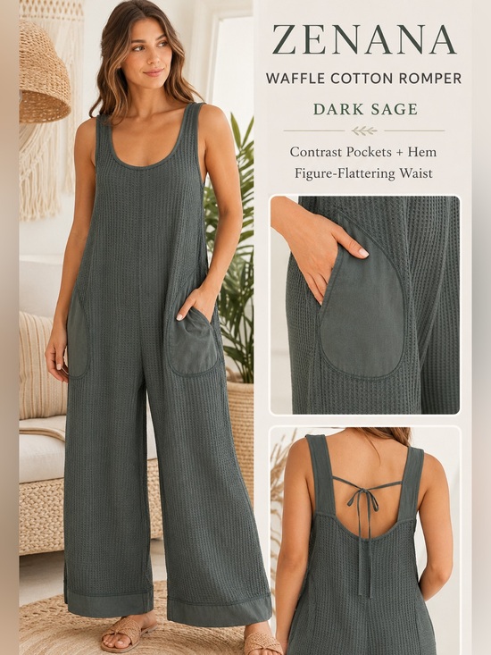 Zenana Outfitters Pants - Zenana Outfitters Dark Sage Waffle Cotton Jumpsuit Romper